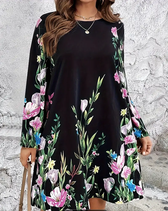 Plus Size Elegant Floral Print Long Sleeve Dress.