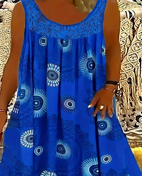 Print Plus-Size Sleeveless Dress with Lace Detailing and Geometric Print, Round Neck, Knee-Length Flare - Purple & Blue Paisley Design for Women.