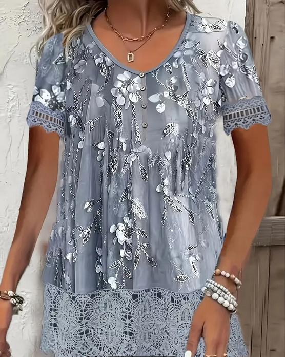 Plus Size Elegant Floral Print V-Neck Blouse with Lace Detailing - Lightweight, Short Sleeve Top for Women, Machine Washable.