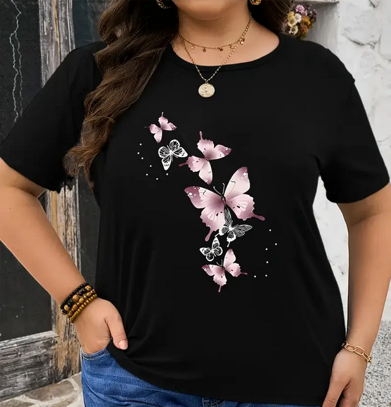 Plus Size Pink Butterfly Print T-Shirt for Women. Casual Crew Neck, Short Sleeve, Stretchy Polyester Blend, Machine Washable.