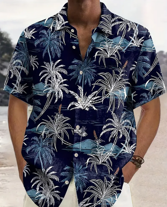 Polyester Hawaiian Shirt, Short Sleeve, Button Front, Lapel Collar, Regular Fit, Applicable People: Adult Fabric: Non-Stretch Operation Instruction: Machine wash or professional dry clean