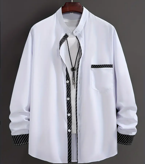 Men's Plus Size Casual Color Block Long Sleeve Shirt with Stand Collar 100% Polyester, Button-Up, Chest Pocket.