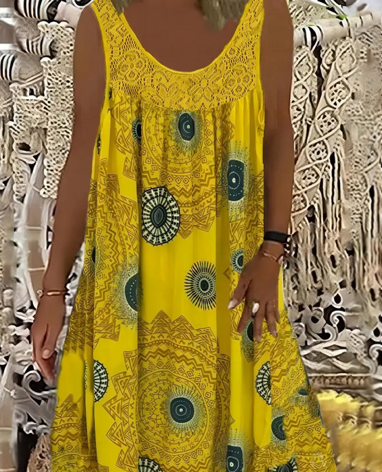 Print Plus-Size Sleeveless Dress with Lace Detailing and Geometric Print, Round Neck, Knee-Length Flare - Purple & Blue Paisley Design for Women.
