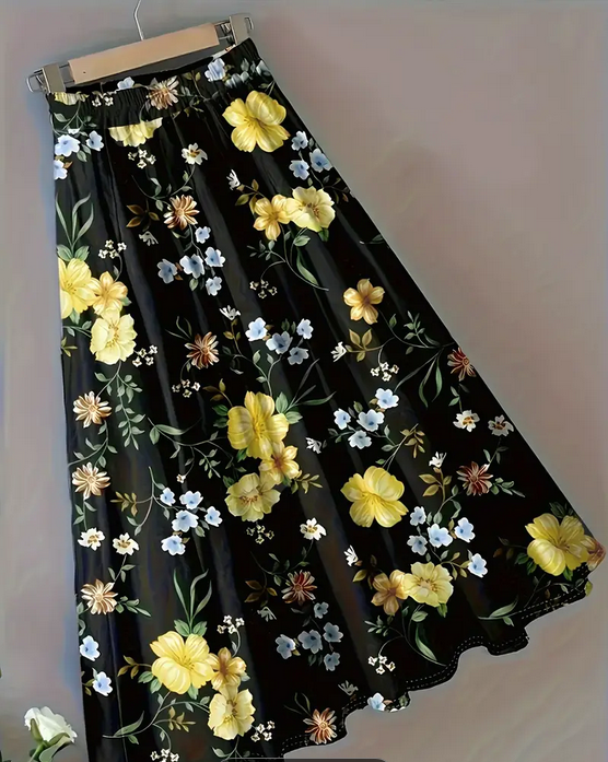 Stretchy Fit, Elegant Plus-Size Floral Print Midi Skirt for Women, Stretchy Polyester with Elastic Waistband, Vibrant Yellow & Blue Flowers on Black, Machine Washable.