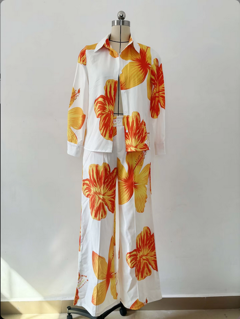 Womens Shirt and Wide Leg Pants Two Piece Floral Print Casual set