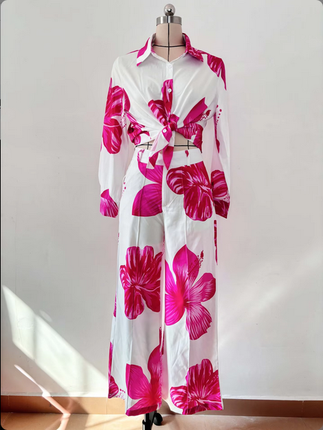Womens Shirt and Wide Leg Pants Two Piece Floral Print Casual set