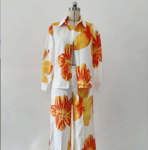 Womens Shirt and Wide Leg Pants Two Piece Floral Print Casual set